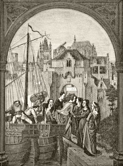 St. Ursula and her companions arriving at Cologne, after a fragment on the 15th century reliquary at Bruges, from 
